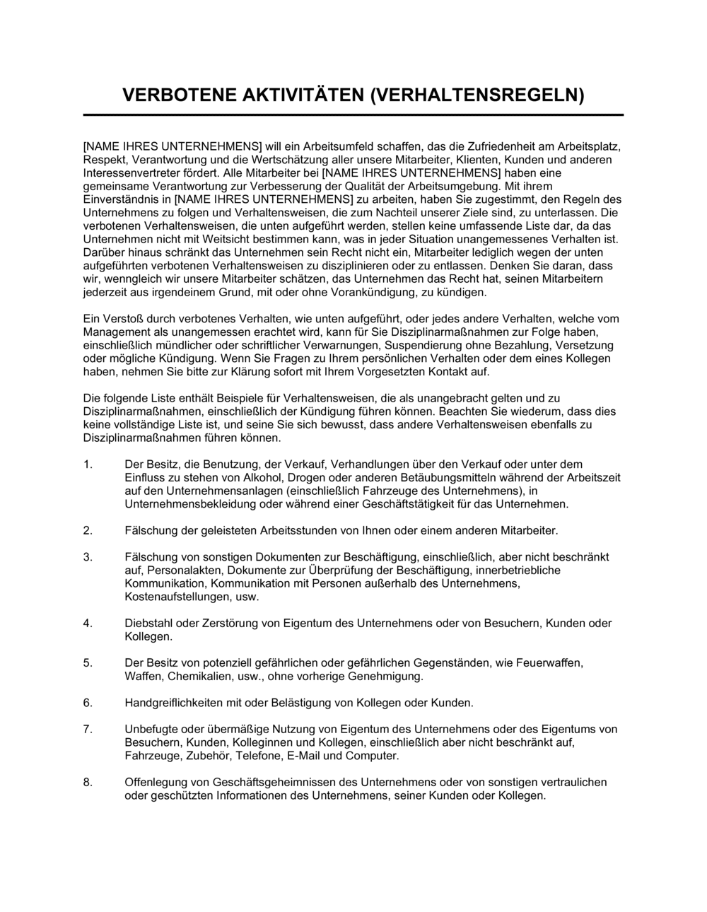 Business-in-a-Box's Verbotene Aktivitäten