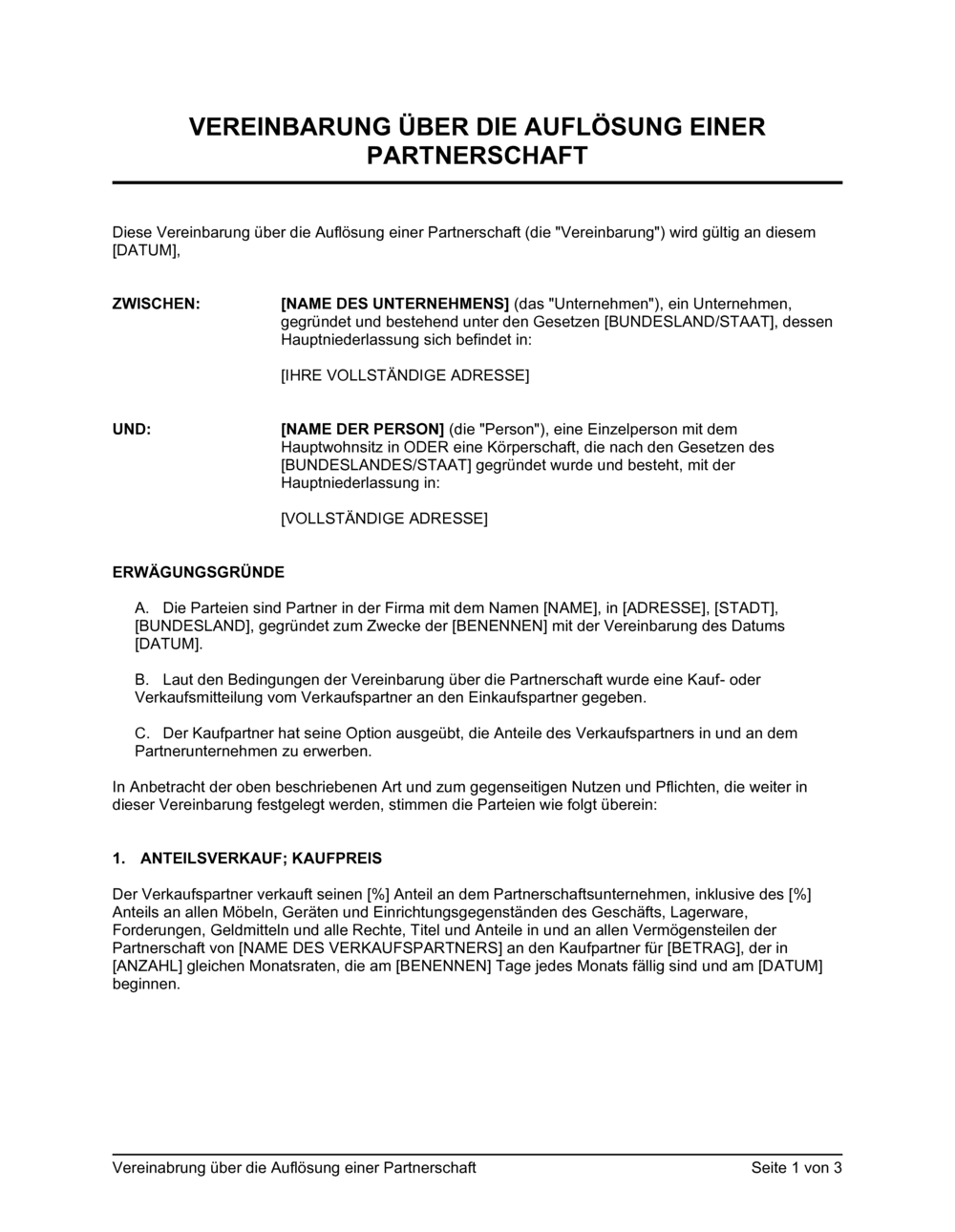 Business-in-a-Box's Vereinabrung über die Auflösung einer Partnerschaft