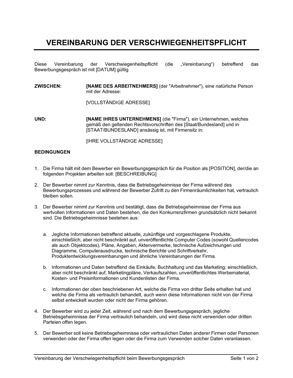 Business-in-a-Box's Vereinbarung der Verschwiegenheitspflicht beim Bewerbungsgespräch