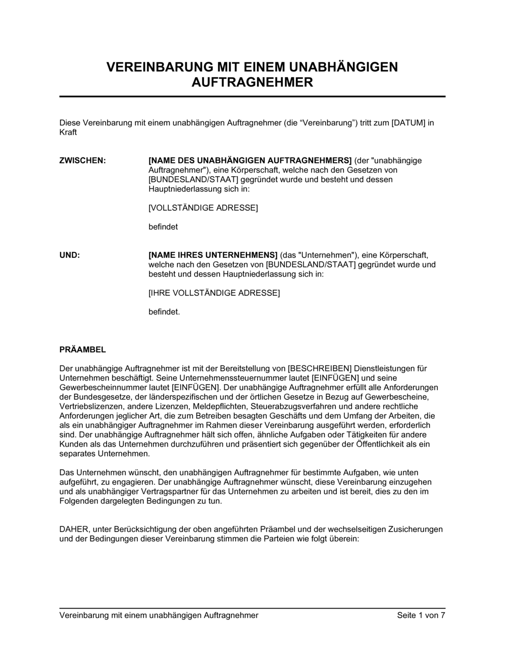 Business-in-a-Box's Vereinbarung mit einem unabhängigen Auftragnehmer