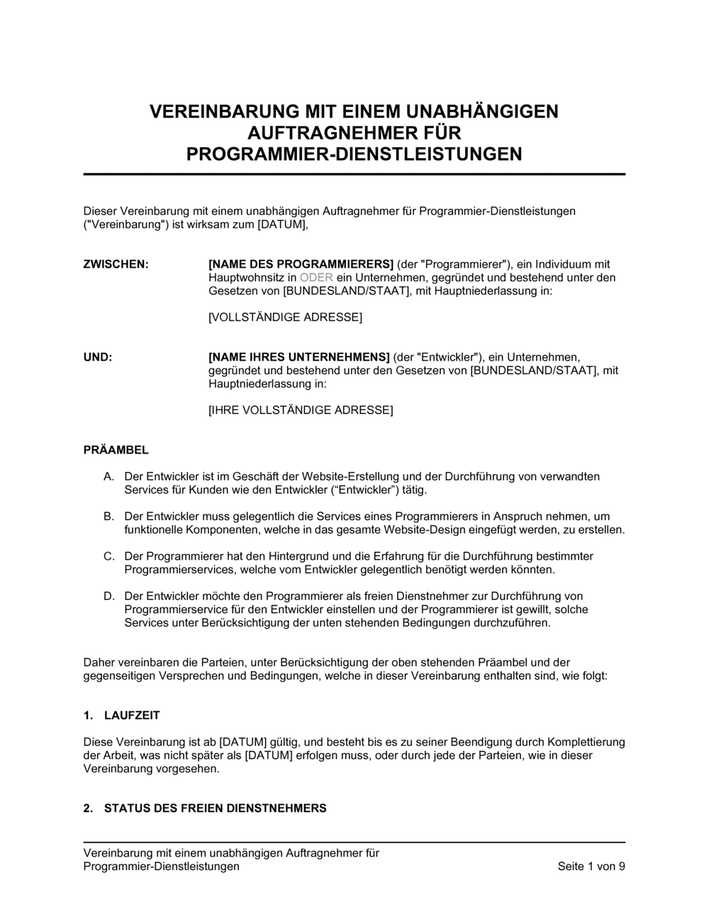 Business-in-a-Box's Vereinbarung mit einem unabhängigen Auftragnehmer für Programmier Dienstleistungen