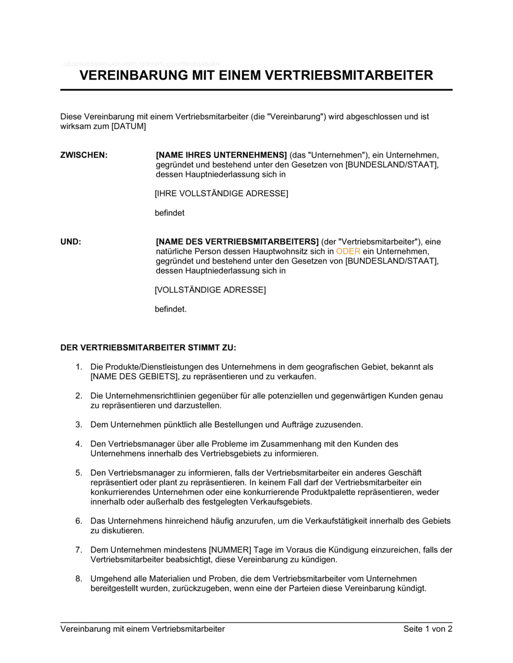 Business-in-a-Box's Vereinbarung mit einem Vertriebsmitarbeiter