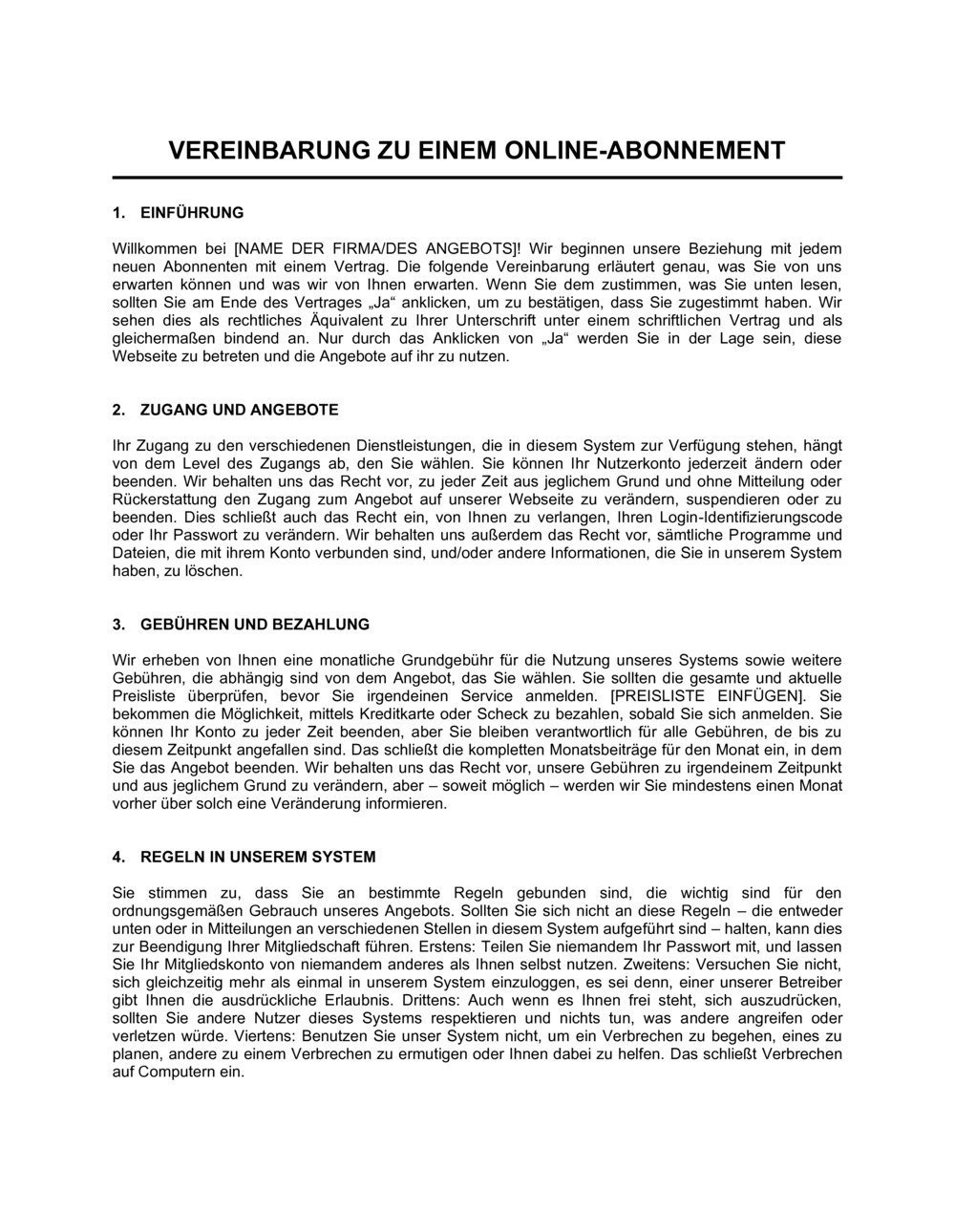 Business-in-a-Box's Vereinbarung zu einem Online Abonnement