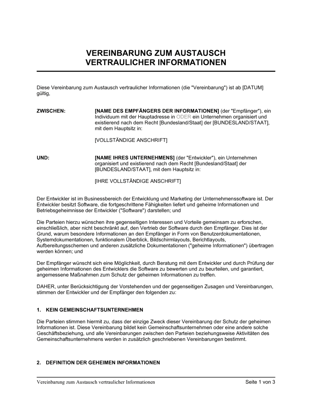 Business-in-a-Box's Vereinbarung zum Austausch vertraulicher Informationen