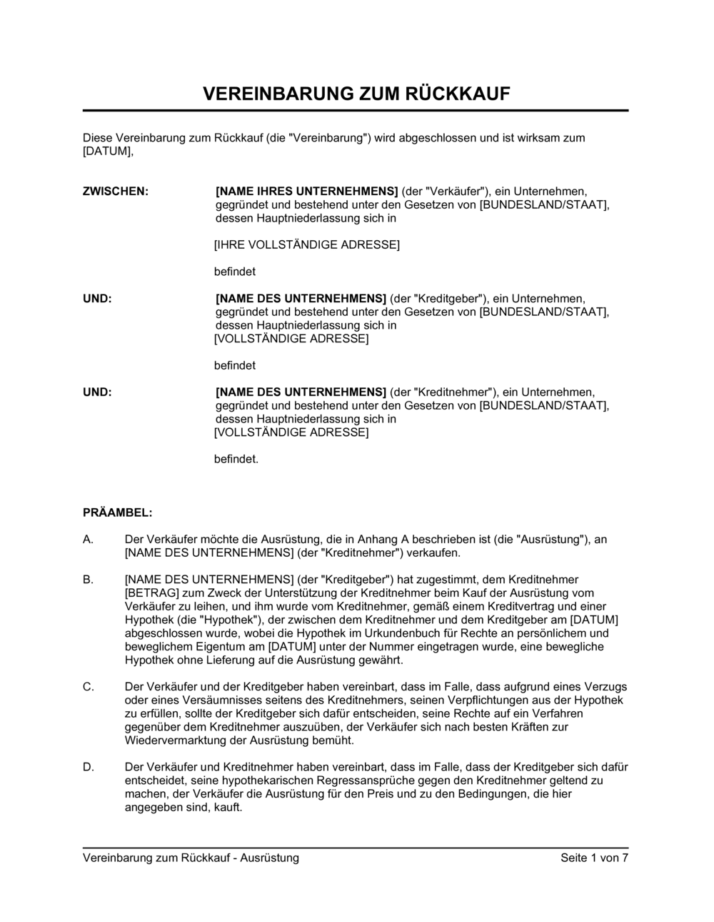 Business-in-a-Box's Vereinbarung zum Rückkauf - Ausrüstung