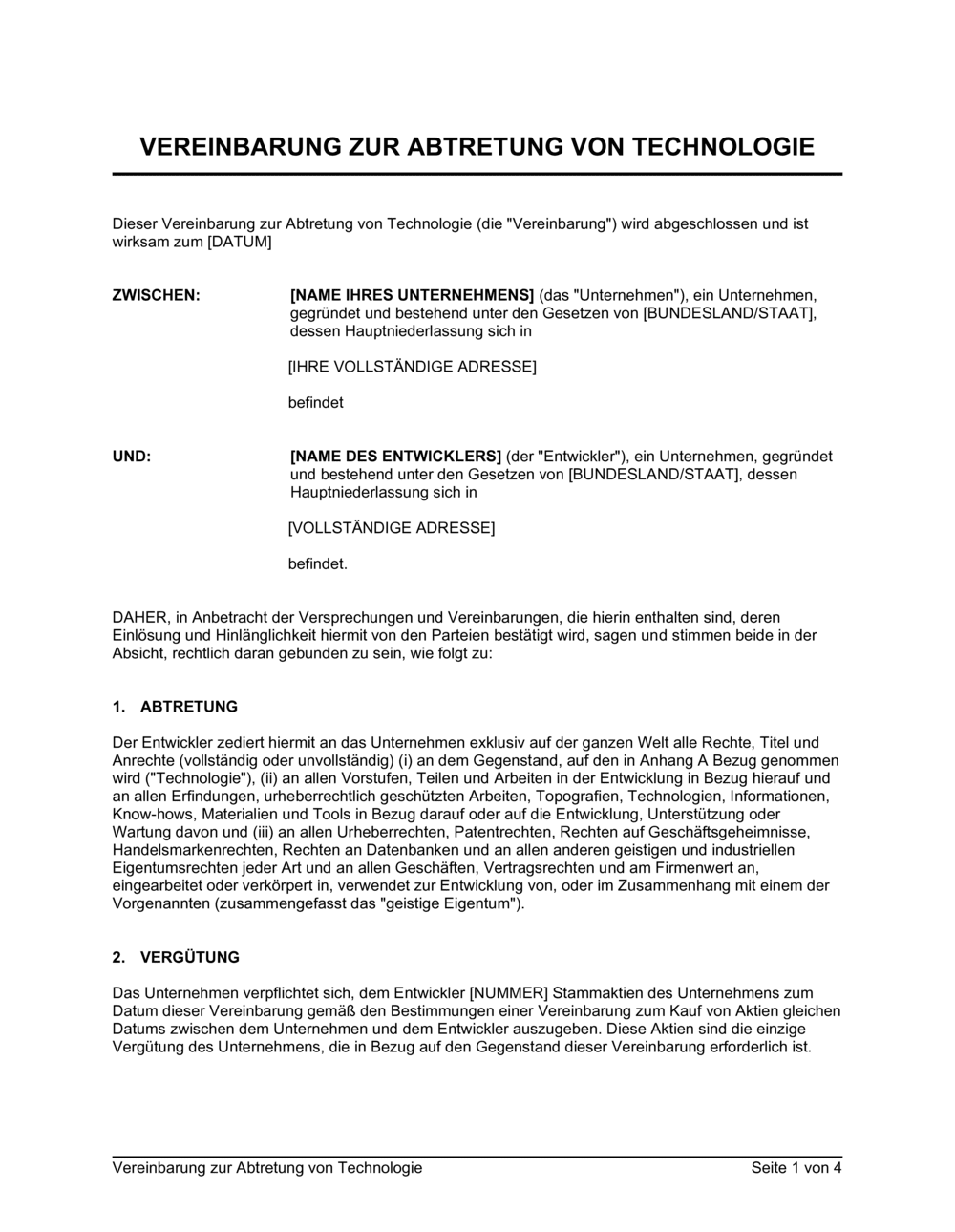 Business-in-a-Box's Vereinbarung zur Abtretung von Technologie