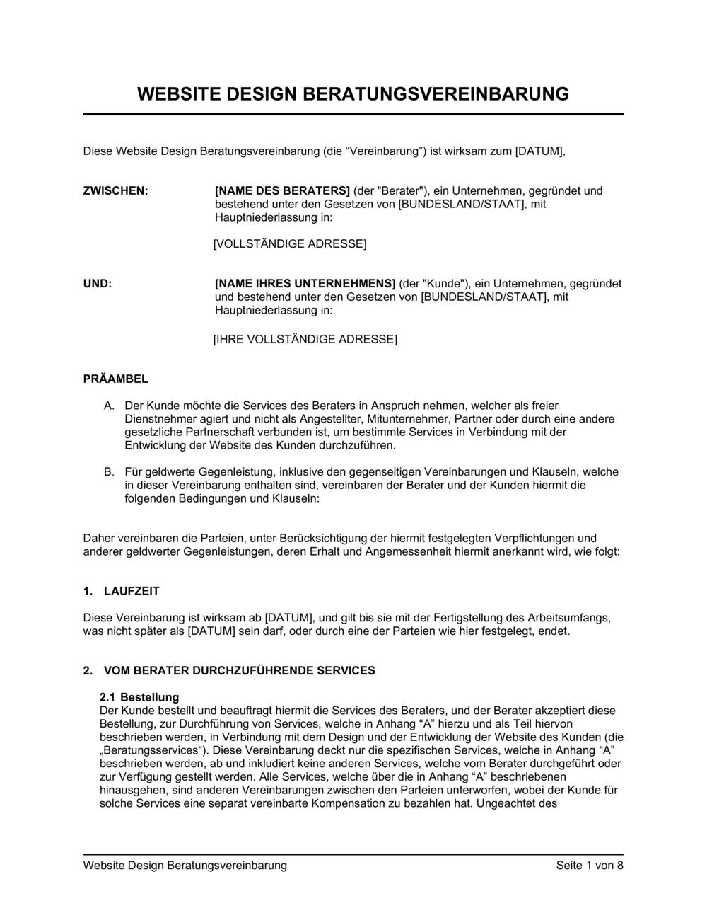 Business-in-a-Box's Vereinbarung zur Beratung über Website Design