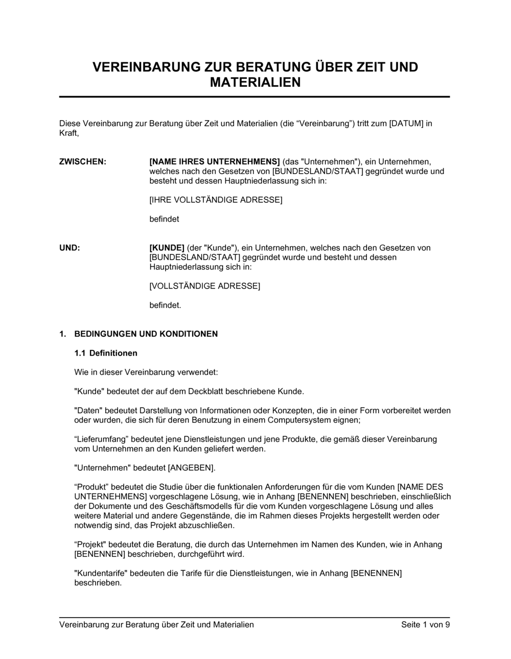 Business-in-a-Box's Vereinbarung zur Beratung über Zeit und Materialien