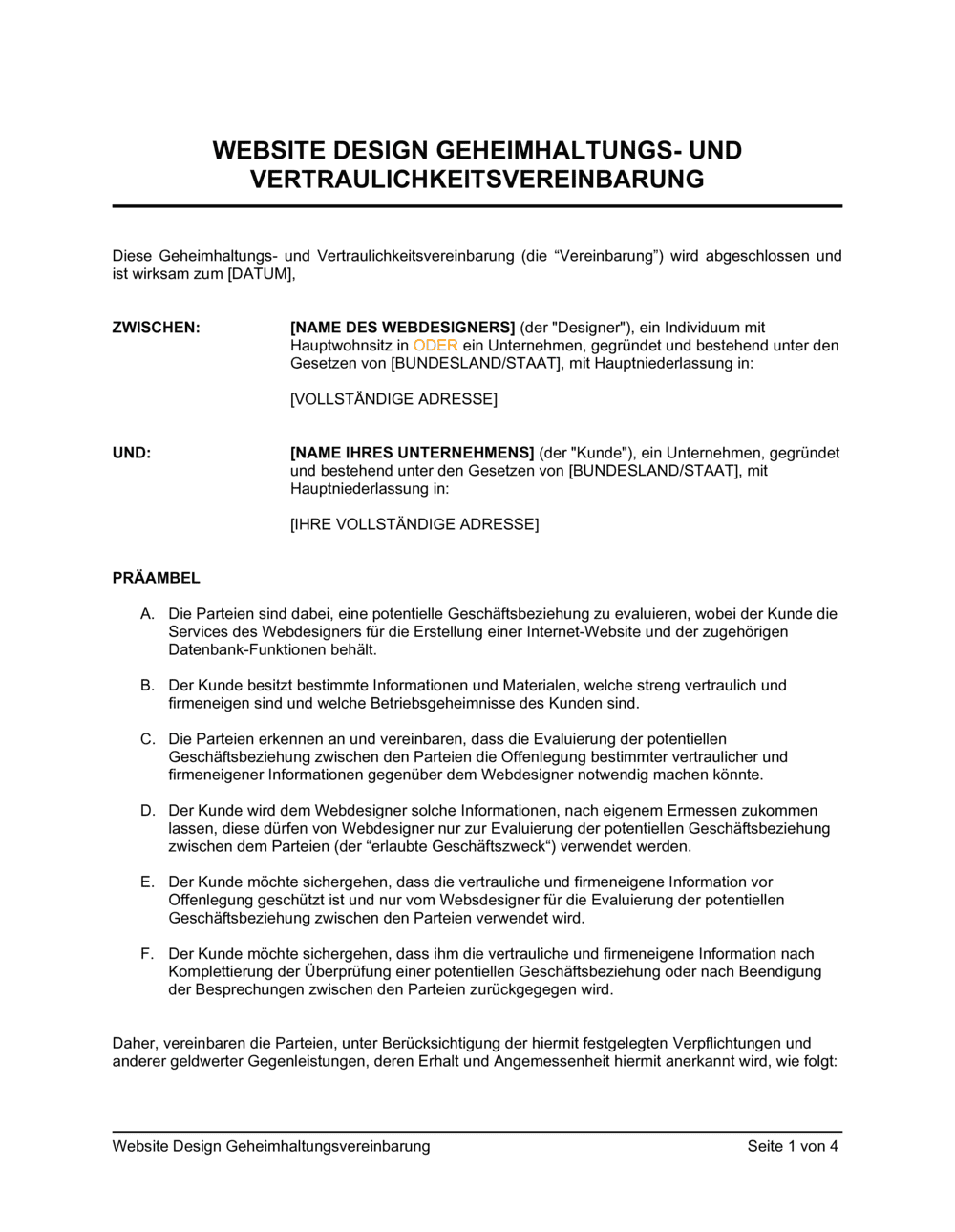 Business-in-a-Box's Vereinbarung zur Geheimhaltung und Vertraulichkeit über Website-Design