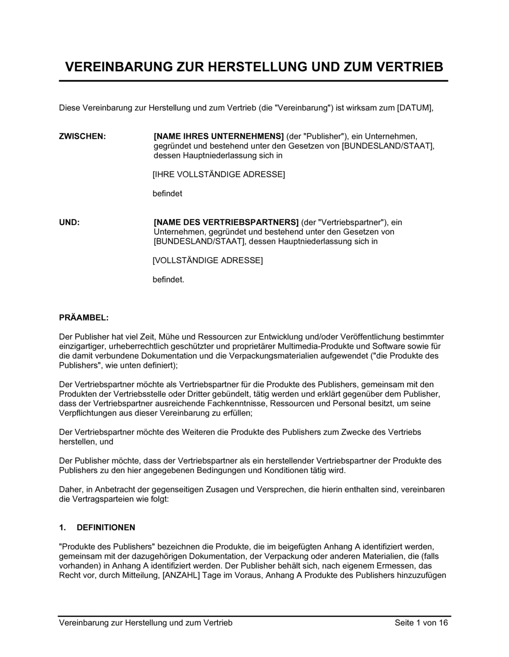Business-in-a-Box's Vereinbarung zur Herstellung und zum Vertrieb