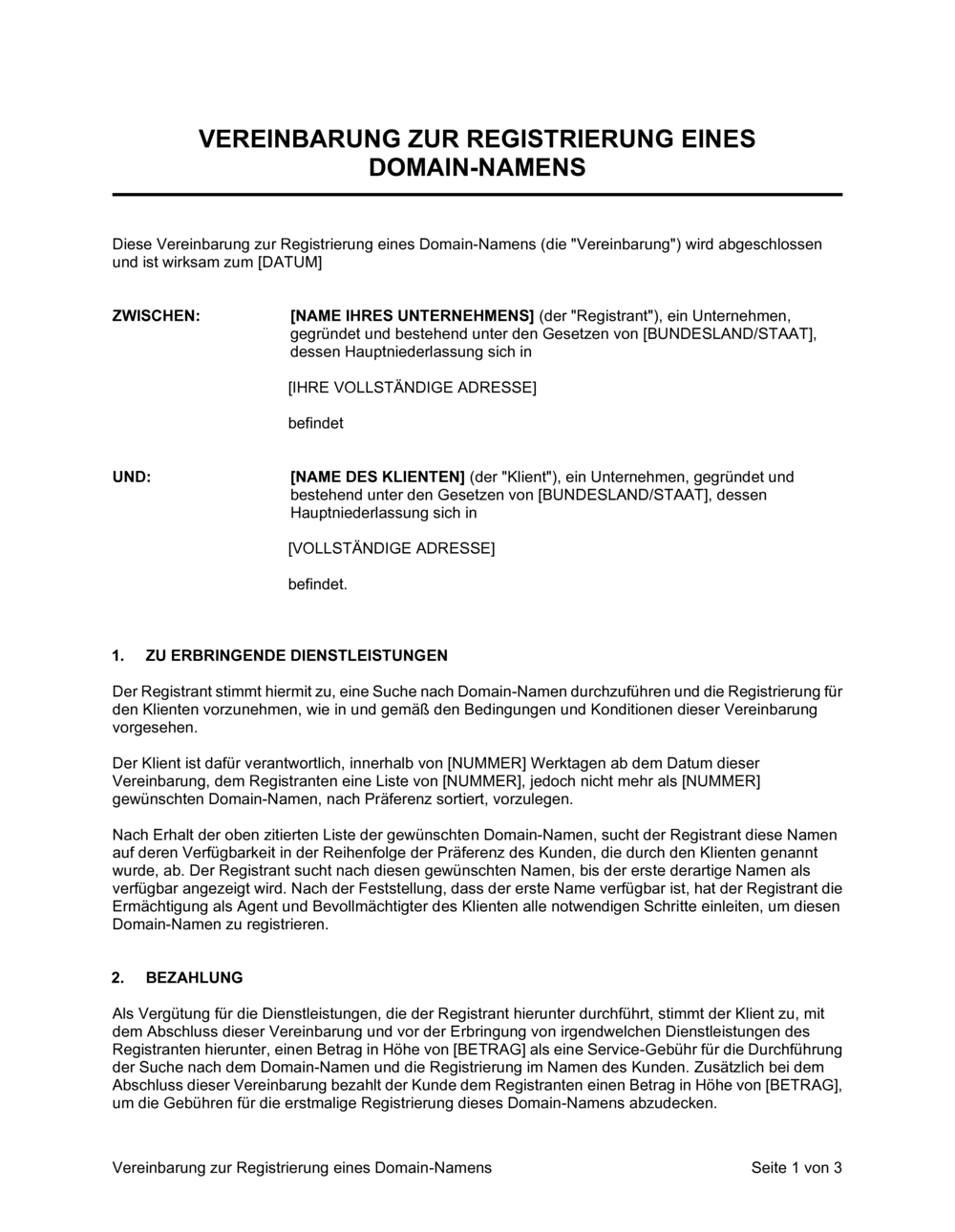 Business-in-a-Box's Vereinbarung zur Registrierung eines Domain Namens