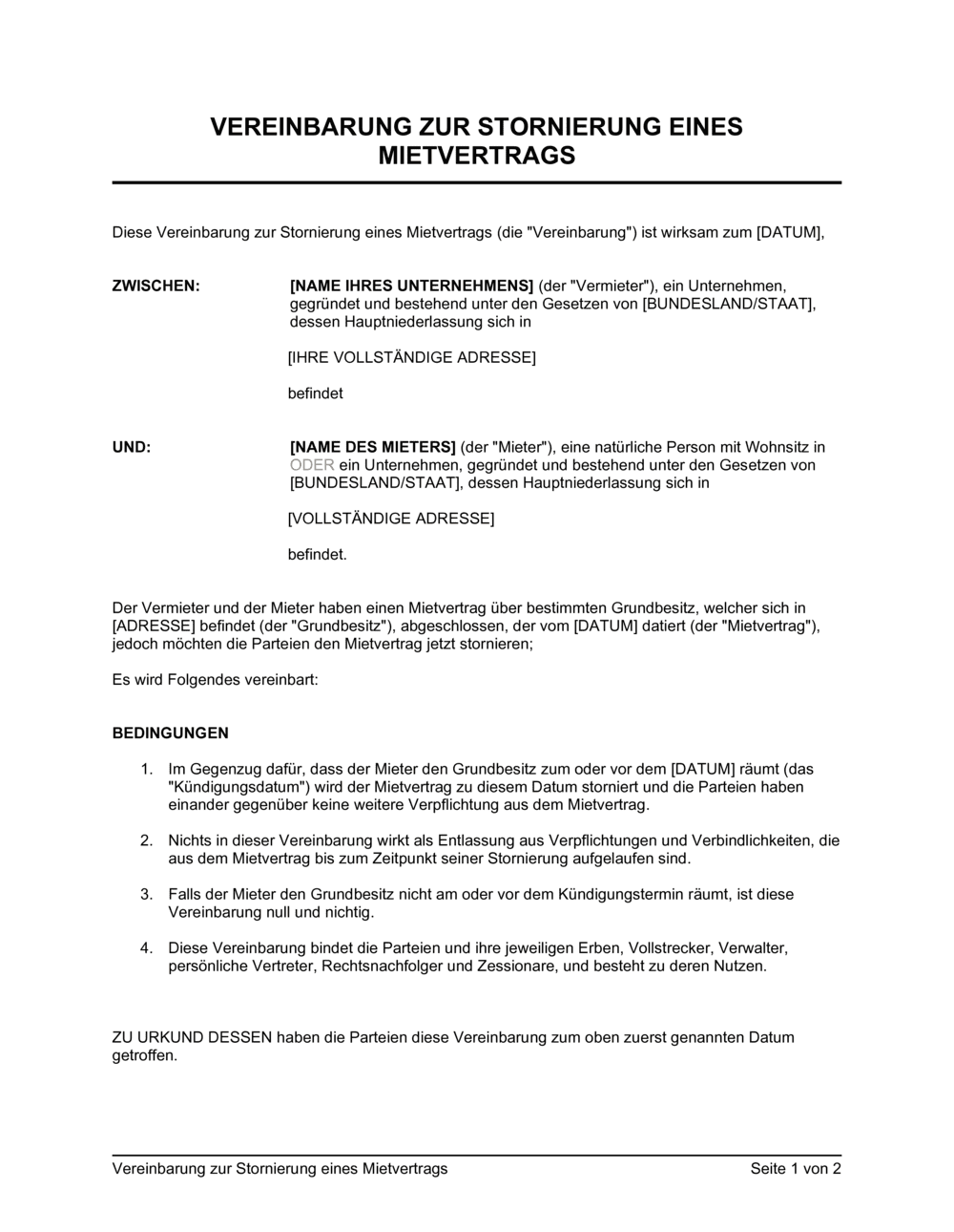 Business-in-a-Box's Vereinbarung zur Stornierung eines Mietvertrags