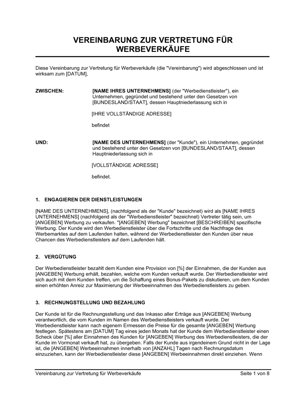 Business-in-a-Box's Vereinbarung zur Vertretung für Werbeverkäufe