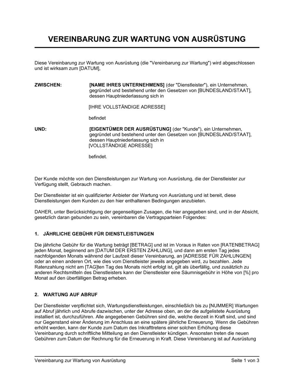 Business-in-a-Box's Vereinbarung zur Wartung von Ausrüstung