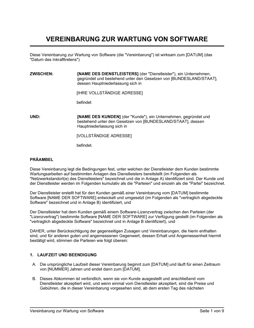 Business-in-a-Box's Vereinbarung zur Wartung von Software