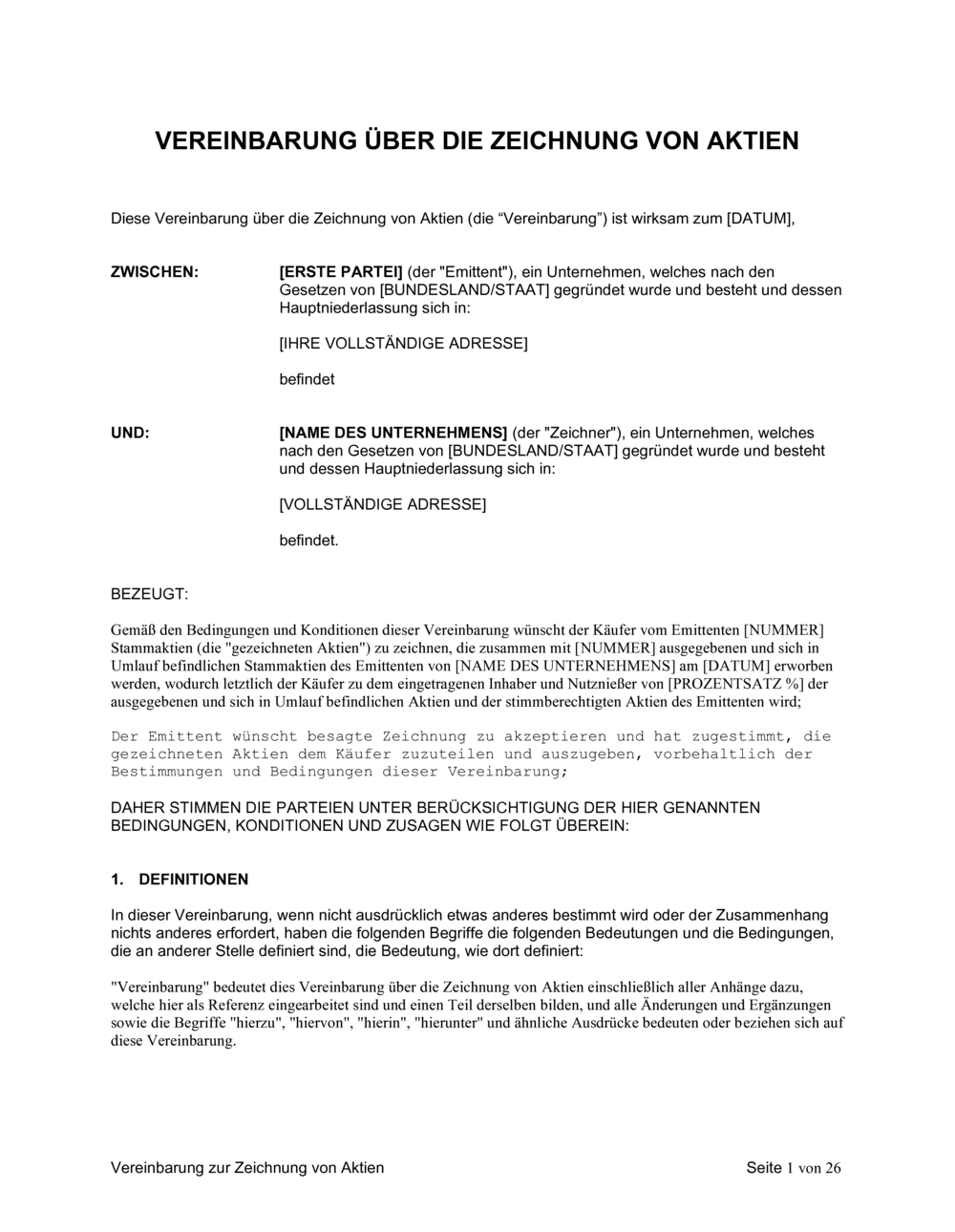 Business-in-a-Box's Vereinbarung zur Zeichnung von Aktien 1