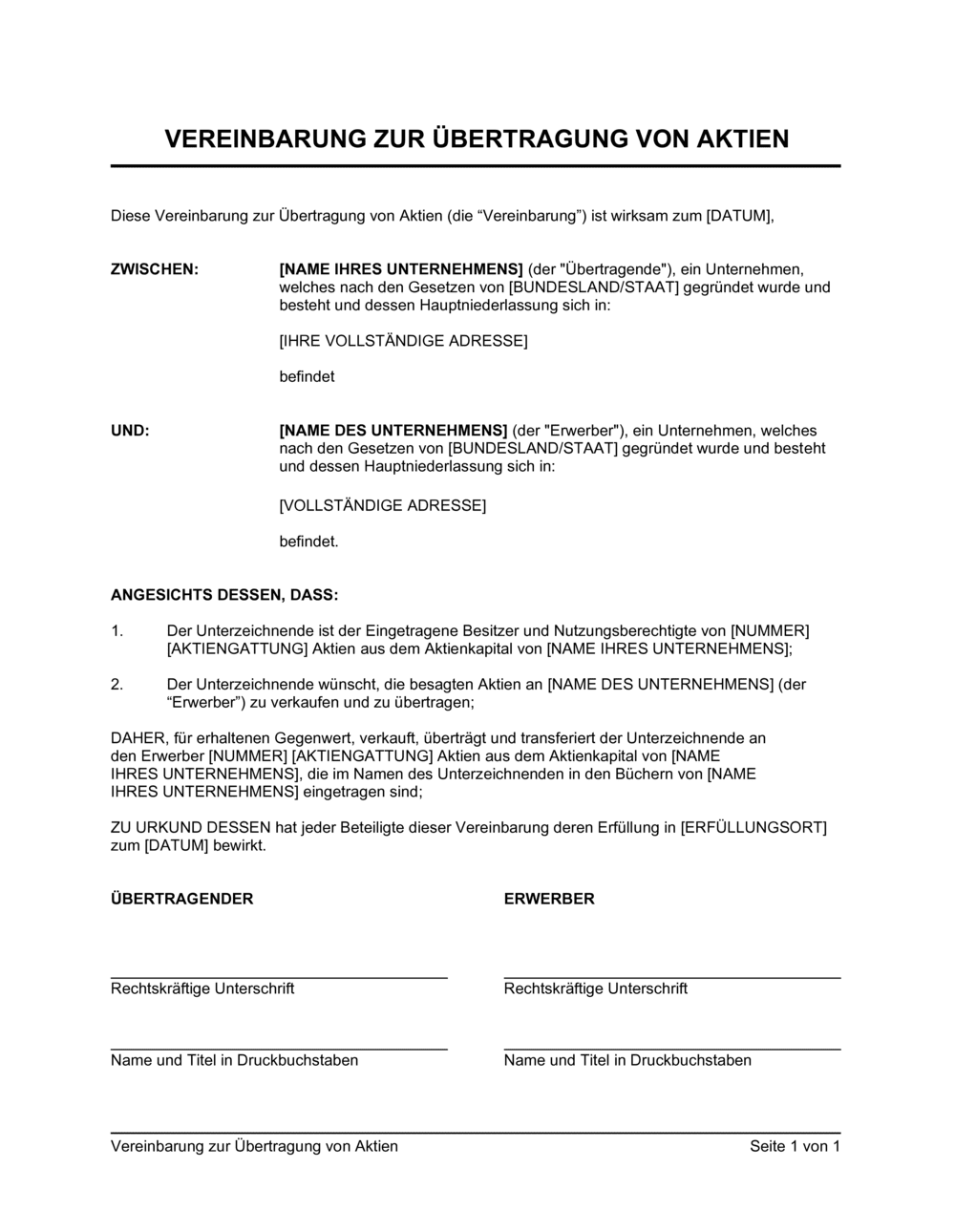 Business-in-a-Box's Vereinbarung zur Übertragung von Aktien