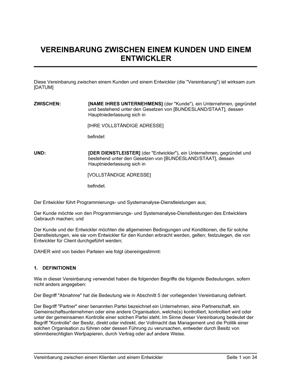 Business-in-a-Box's Vereinbarung zwischen einem Klienten und einem Entwickler