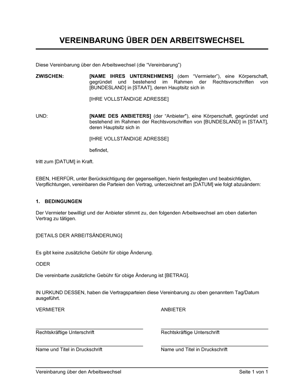 Business-in-a-Box's Vereinbarung über den Arbeitswechsel