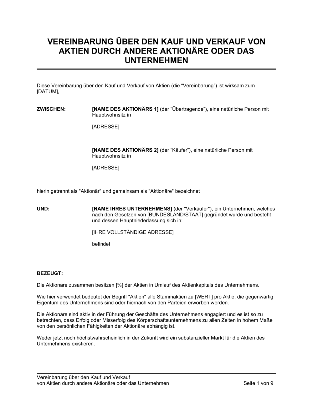 Business-in-a-Box's Vereinbarung über den Kauf und Verkauf von Aktien durch andere Aktionäre oder das Unternehmen