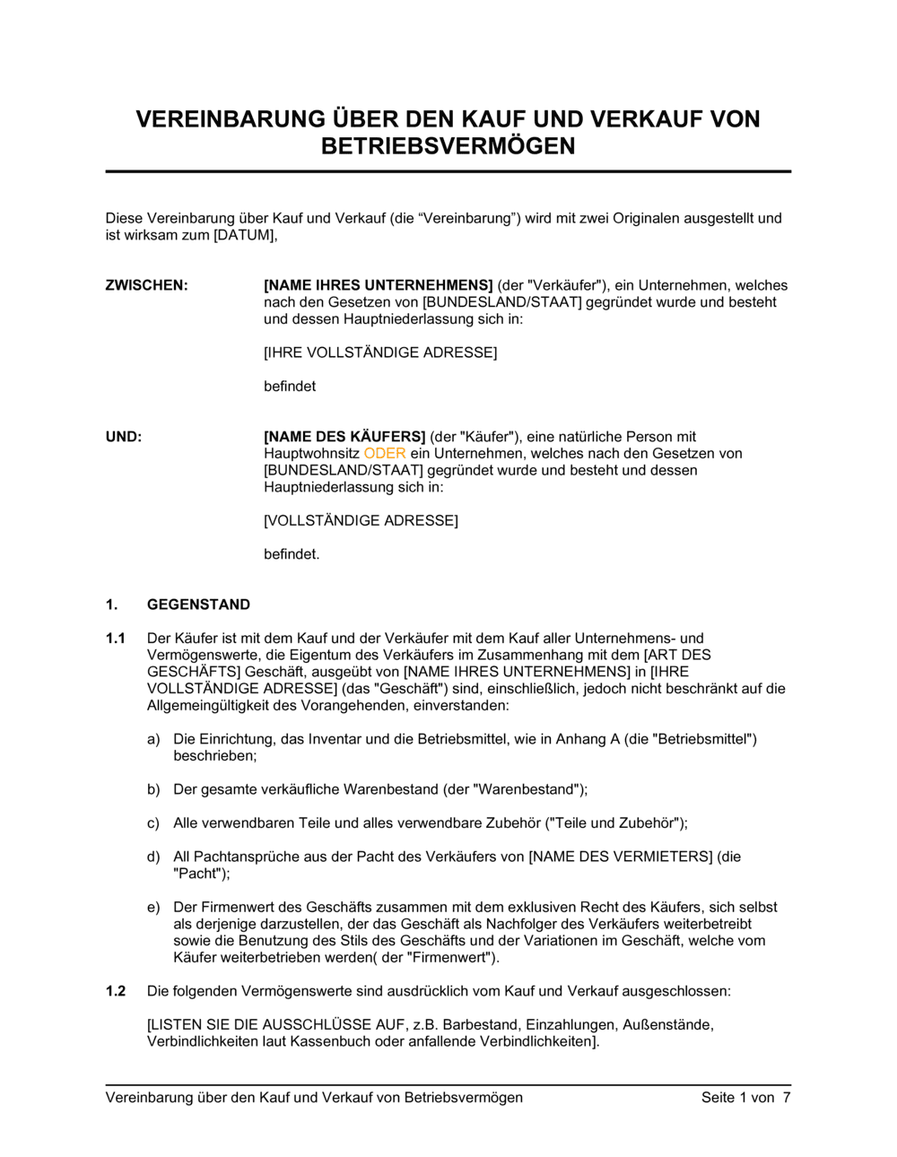 Business-in-a-Box's Vereinbarung über den Kauf und Verkauf von Betriebsvermögen