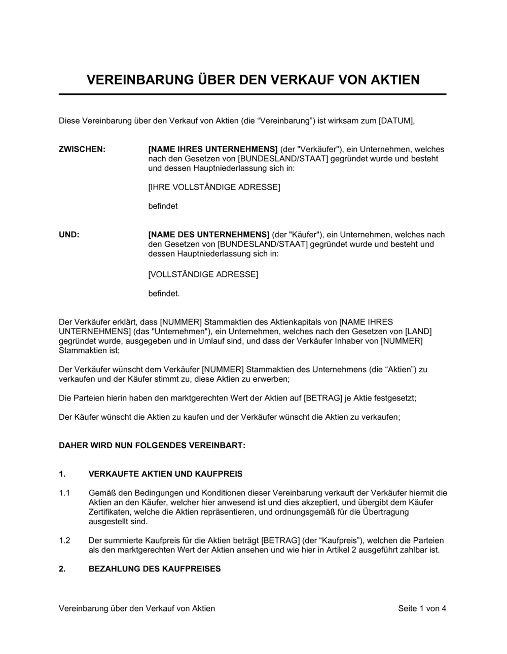 Business-in-a-Box's Vereinbarung über den Verkauf von Aktien