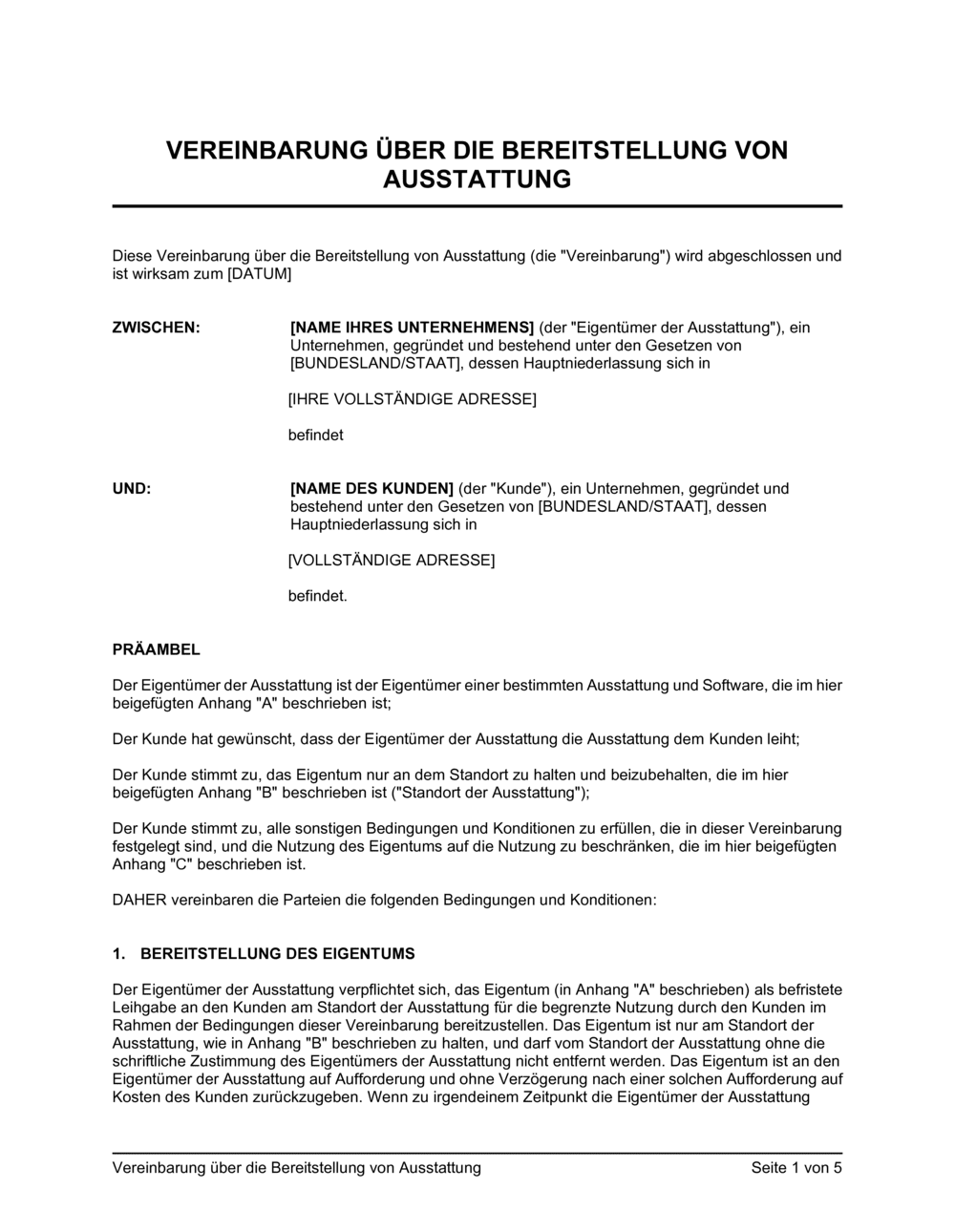 Business-in-a-Box's Vereinbarung über die Bereitstellung von Ausstattung