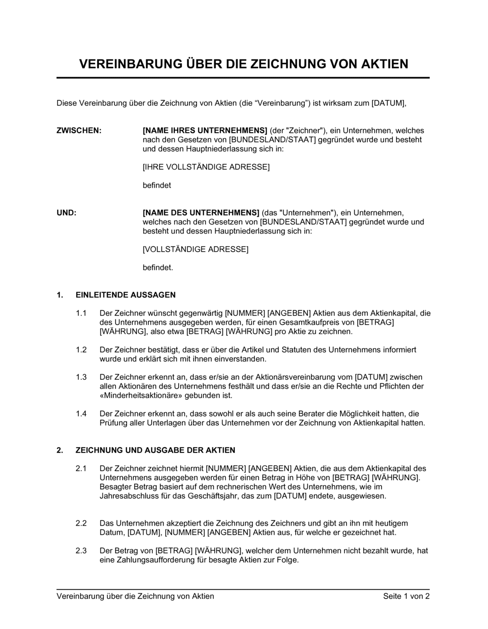 Business-in-a-Box's Vereinbarung über die Zeichnung von Aktien