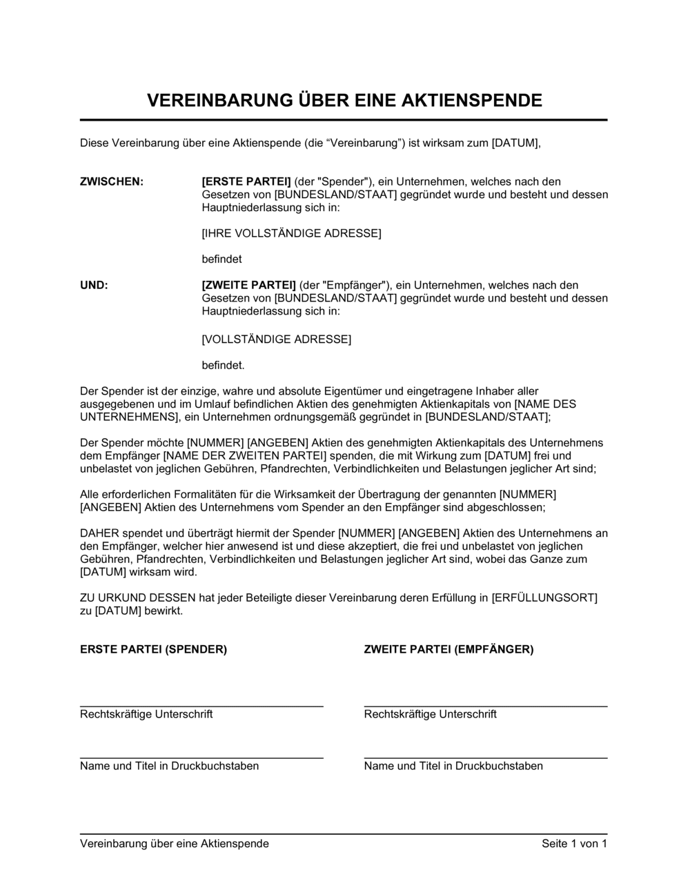 Business-in-a-Box's Vereinbarung über eine Aktienspende