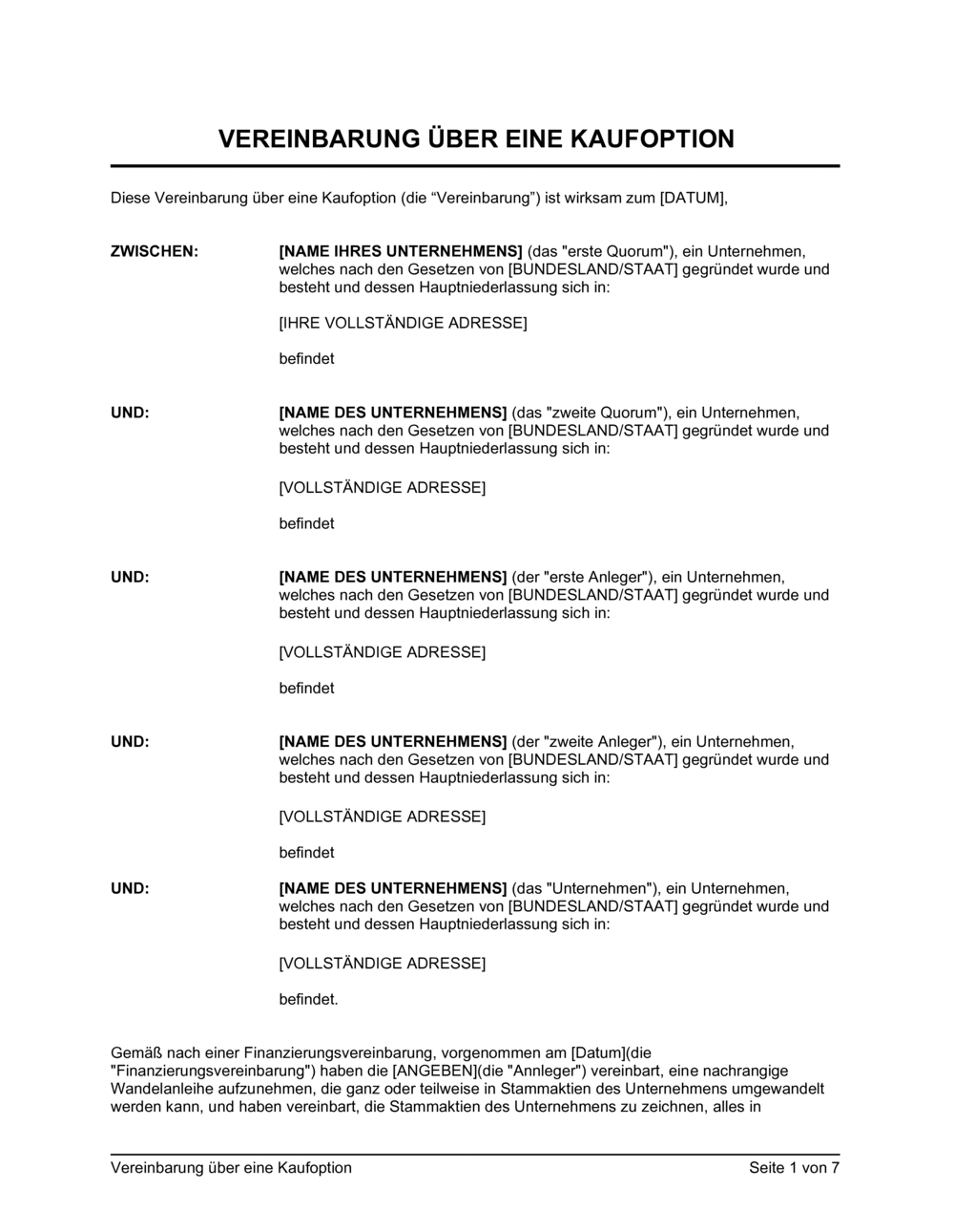 Business-in-a-Box's Vereinbarung über eine Kaufoption