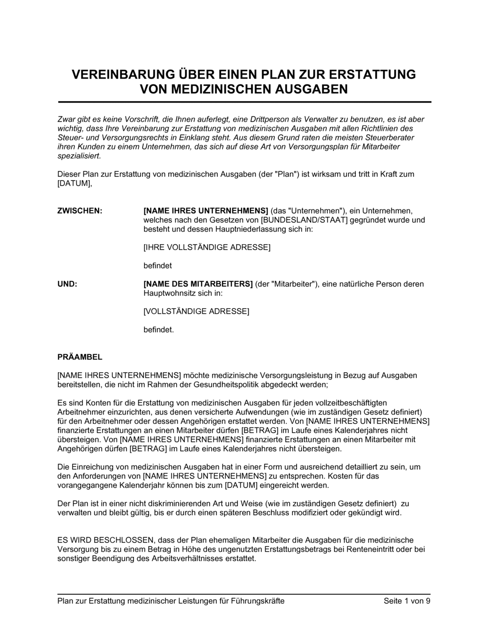 Business-in-a-Box's Vereinbarung über einen Plan zur Erstattung medizinischer Ausgaben