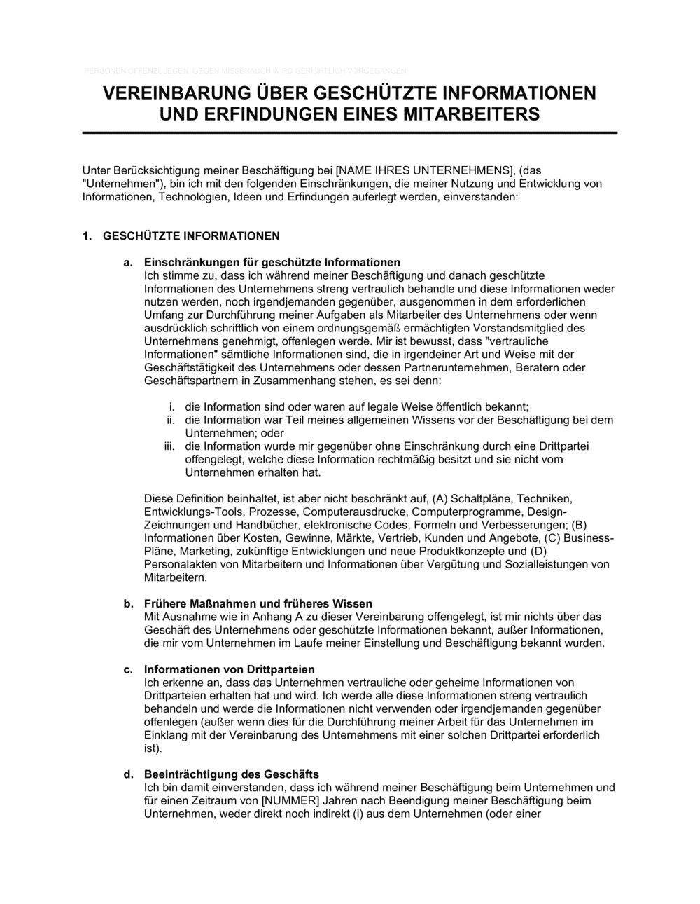 Business-in-a-Box's Vereinbarung über geschütze Information und Erfindungen eines Mitarbeiters