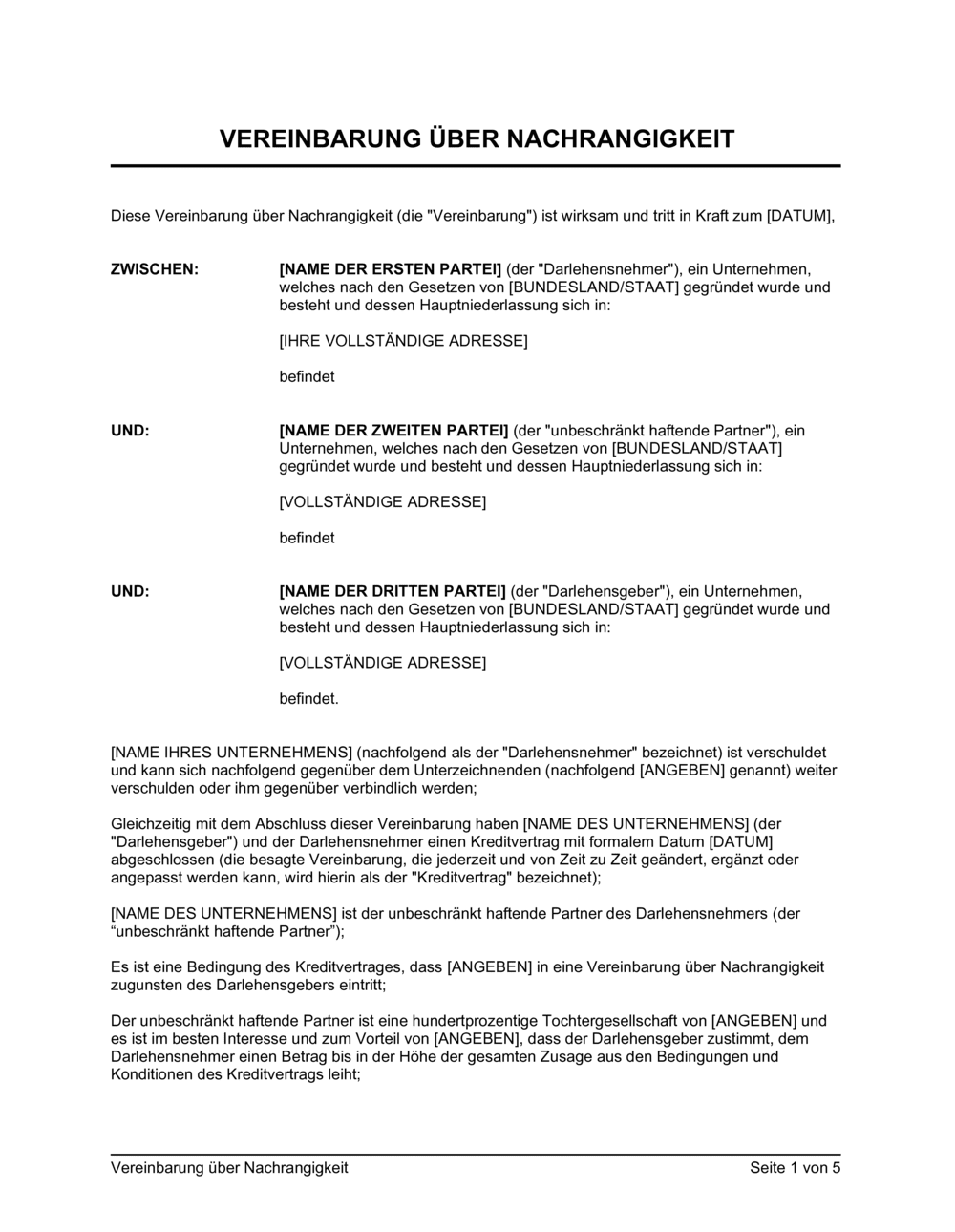 Business-in-a-Box's Vereinbarung über Nachrangigkeit