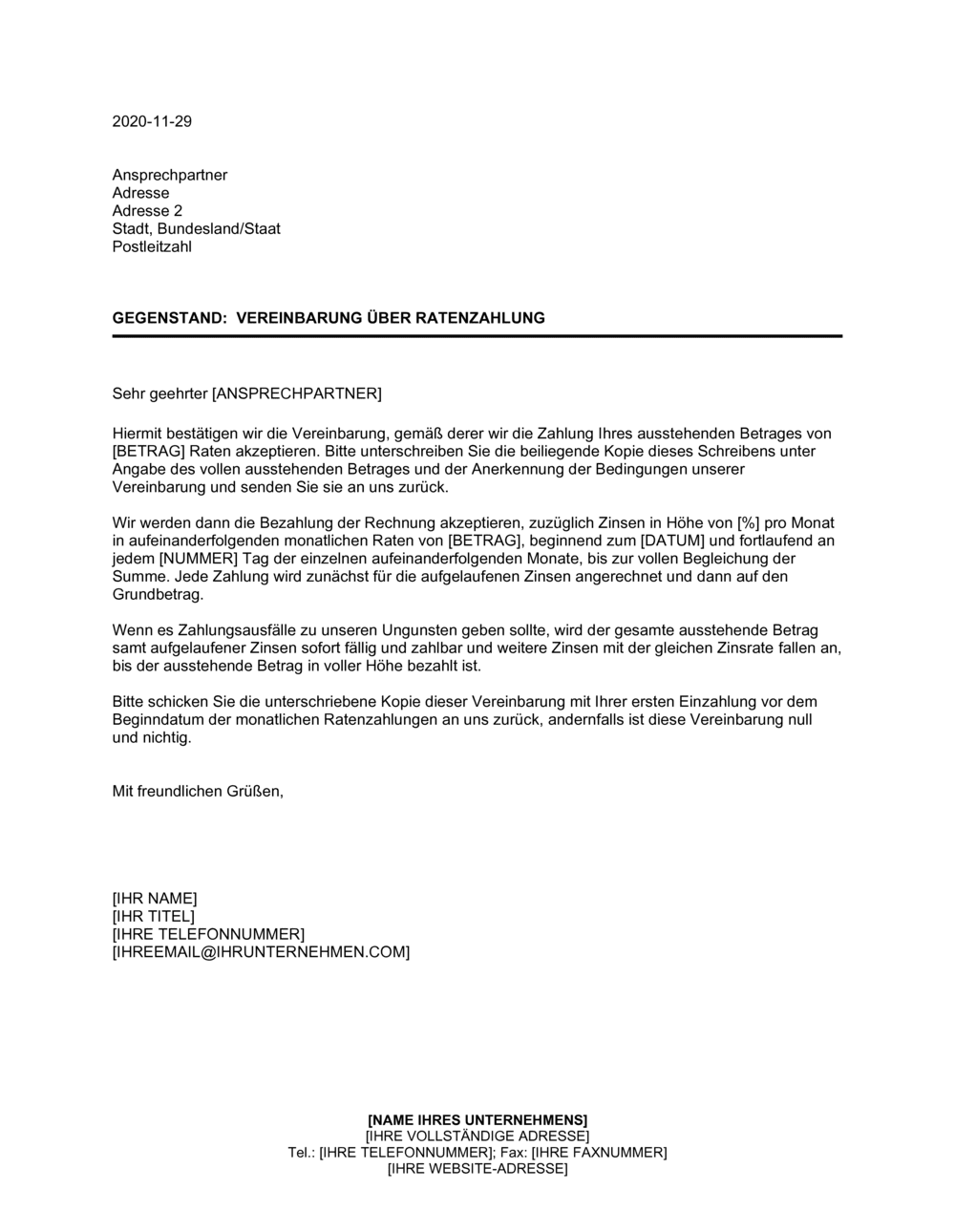 Business-in-a-Box's Vereinbarung über Ratenzahlung