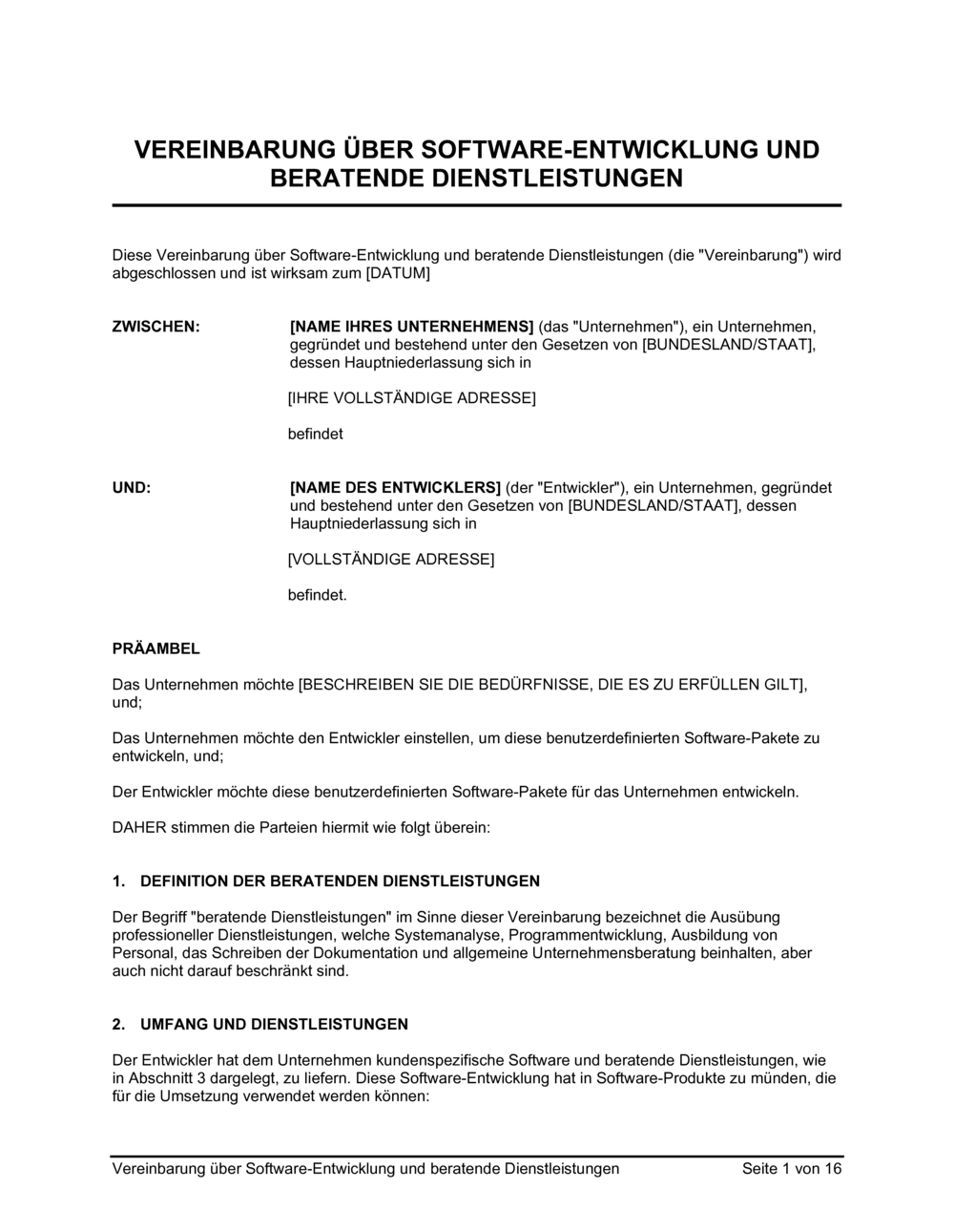 Business-in-a-Box's Vereinbarung über Software Entwicklung und beratende Dienstleistungen