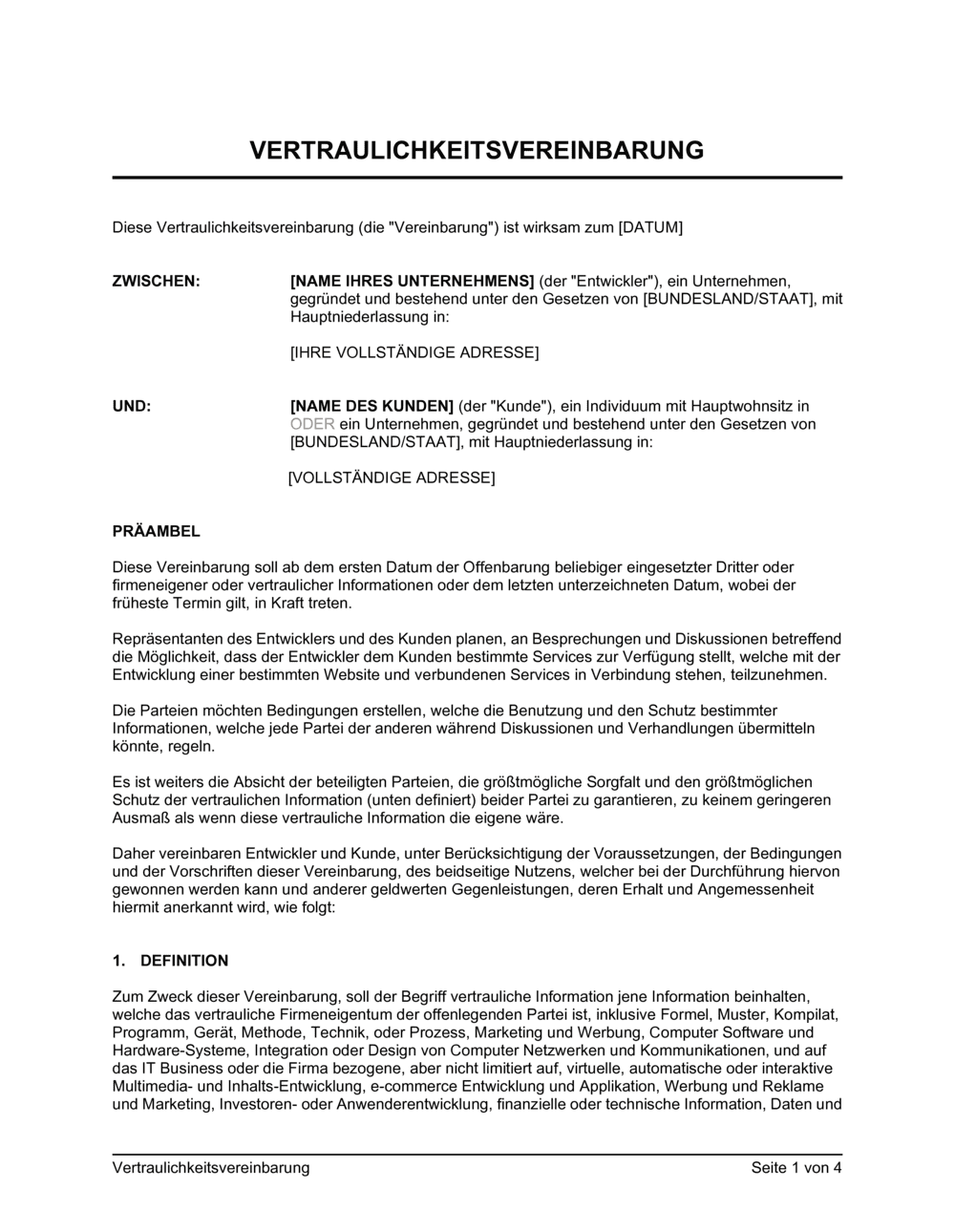 Business-in-a-Box's Vereinbarung über vertrauliche Informationen