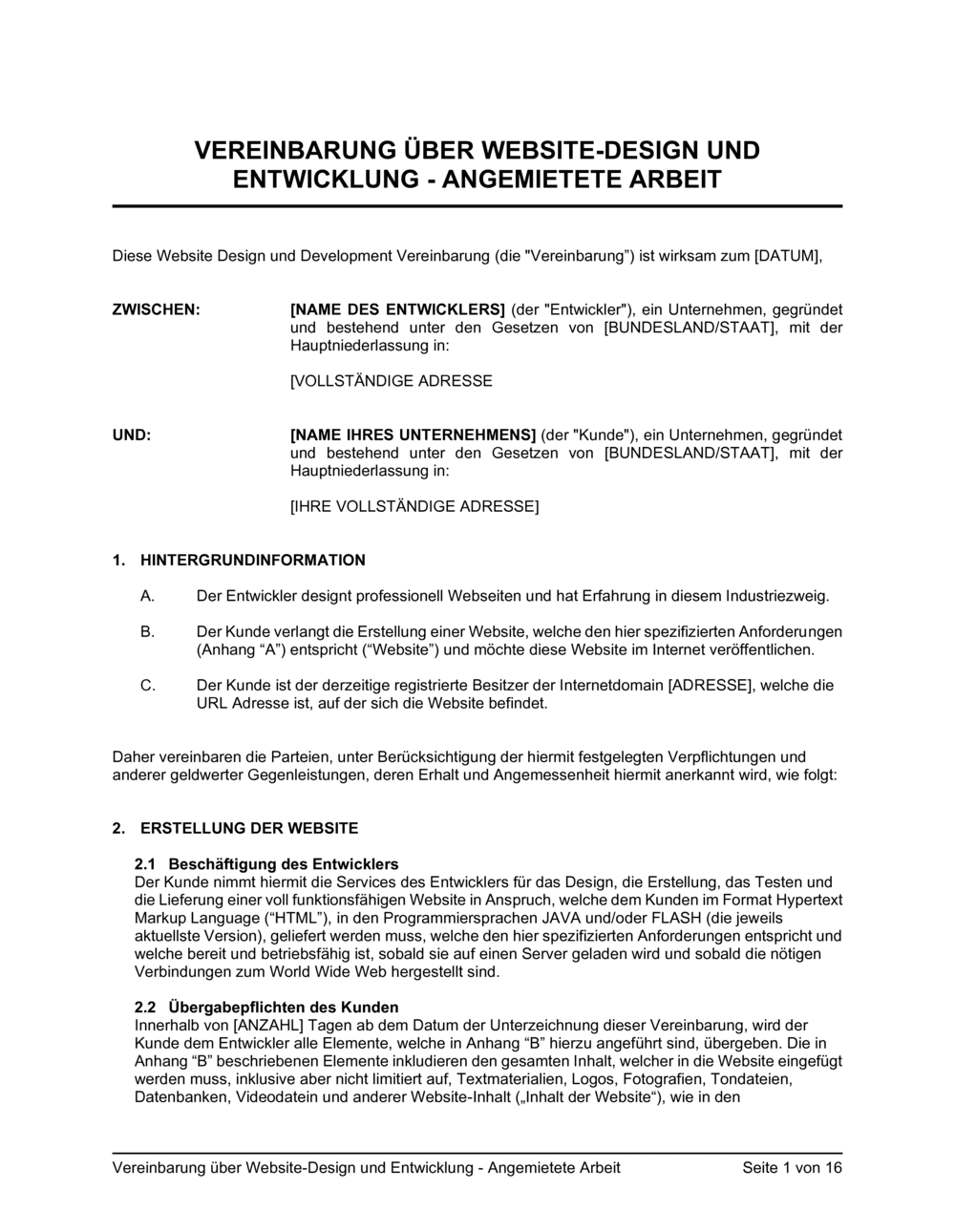 Business-in-a-Box's Vereinbarung über Website Design und Entwicklung_Angemietete Arbei