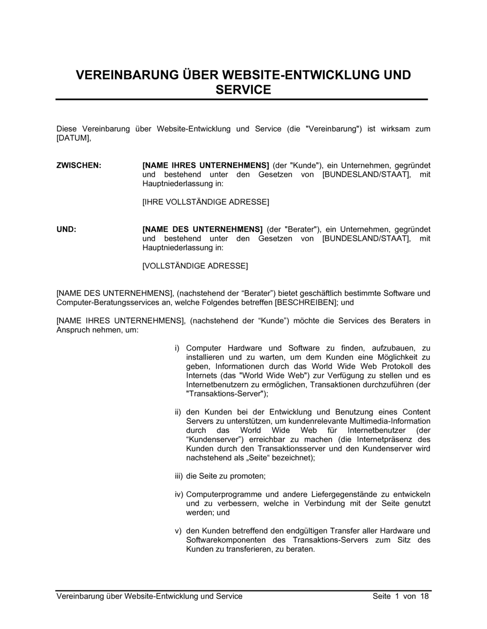 Business-in-a-Box's Vereinbarung über Website Entwicklung und Service