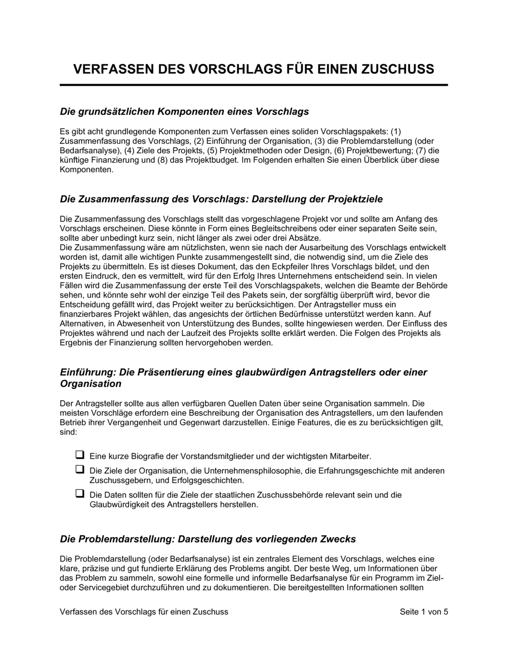 Business-in-a-Box's Verfassen des Vorschlags für einen Zuschuss