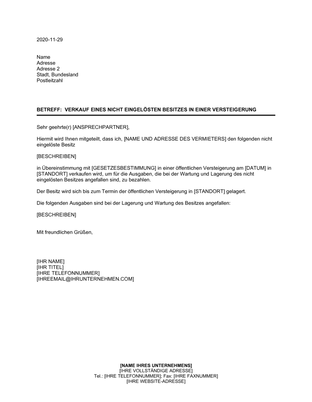 Business-in-a-Box's Verkauf eines nicht eingelösten Besitzes in Versteigerung