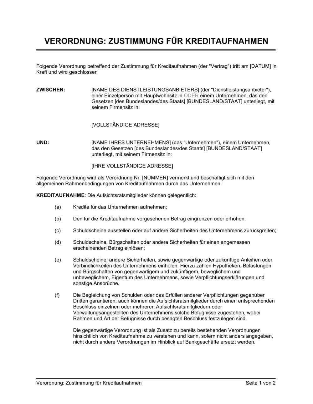 Business-in-a-Box's Verordnung zur Zustimmung für Kreditaufnahmen