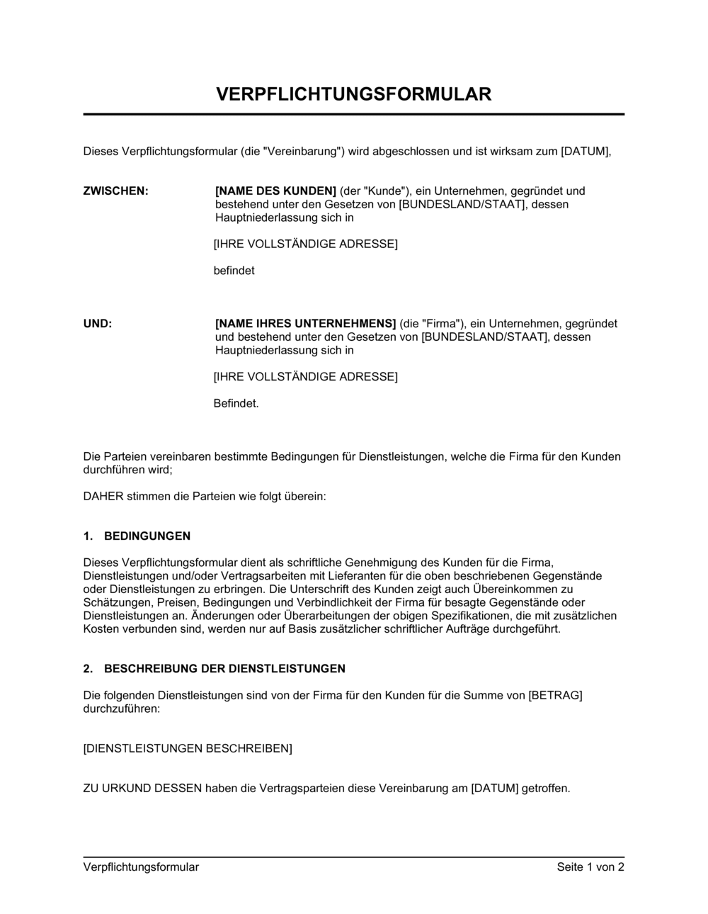 Business-in-a-Box's Verpflichtungsformular