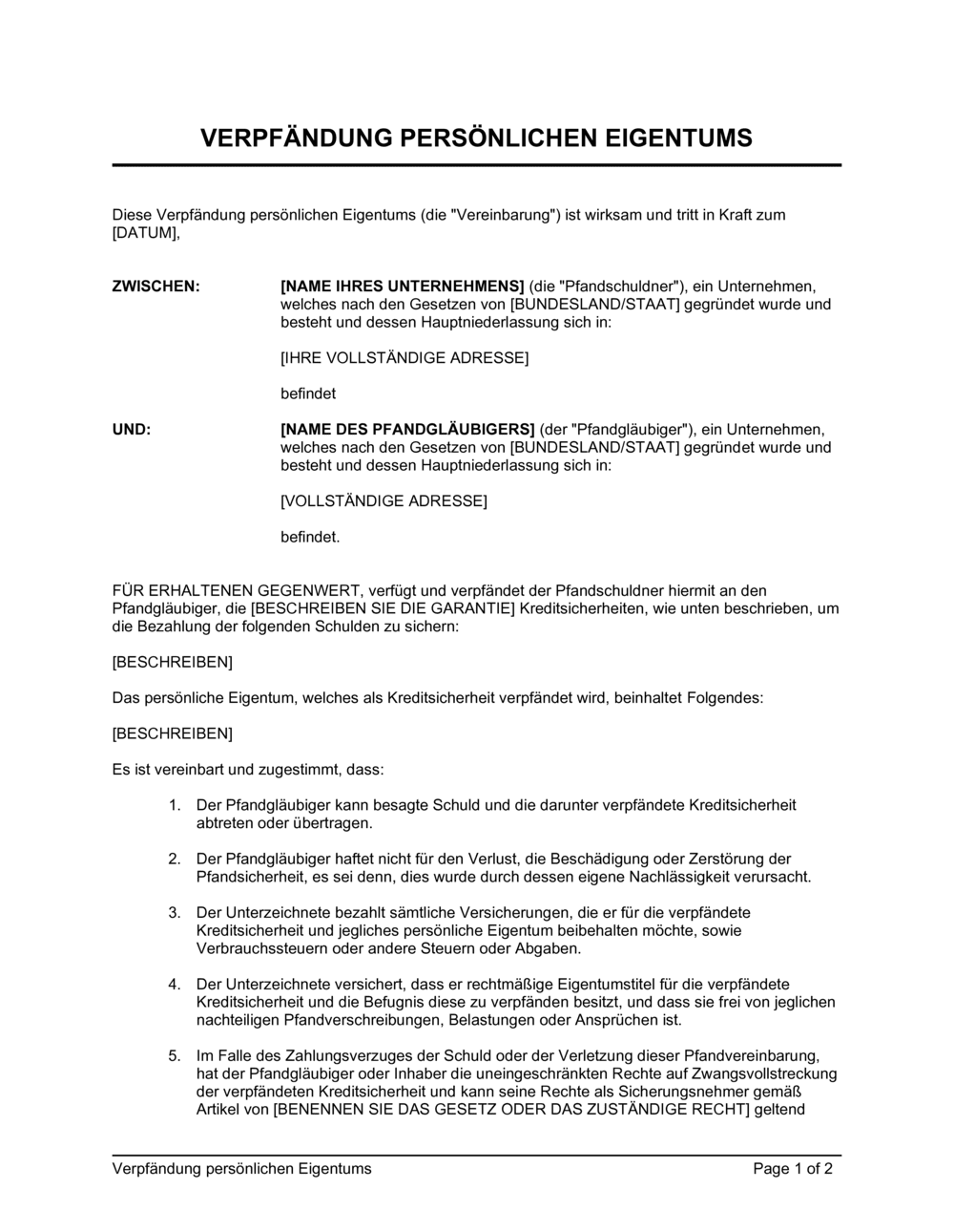 Business-in-a-Box's Verpfändung persönlichen Eigentums