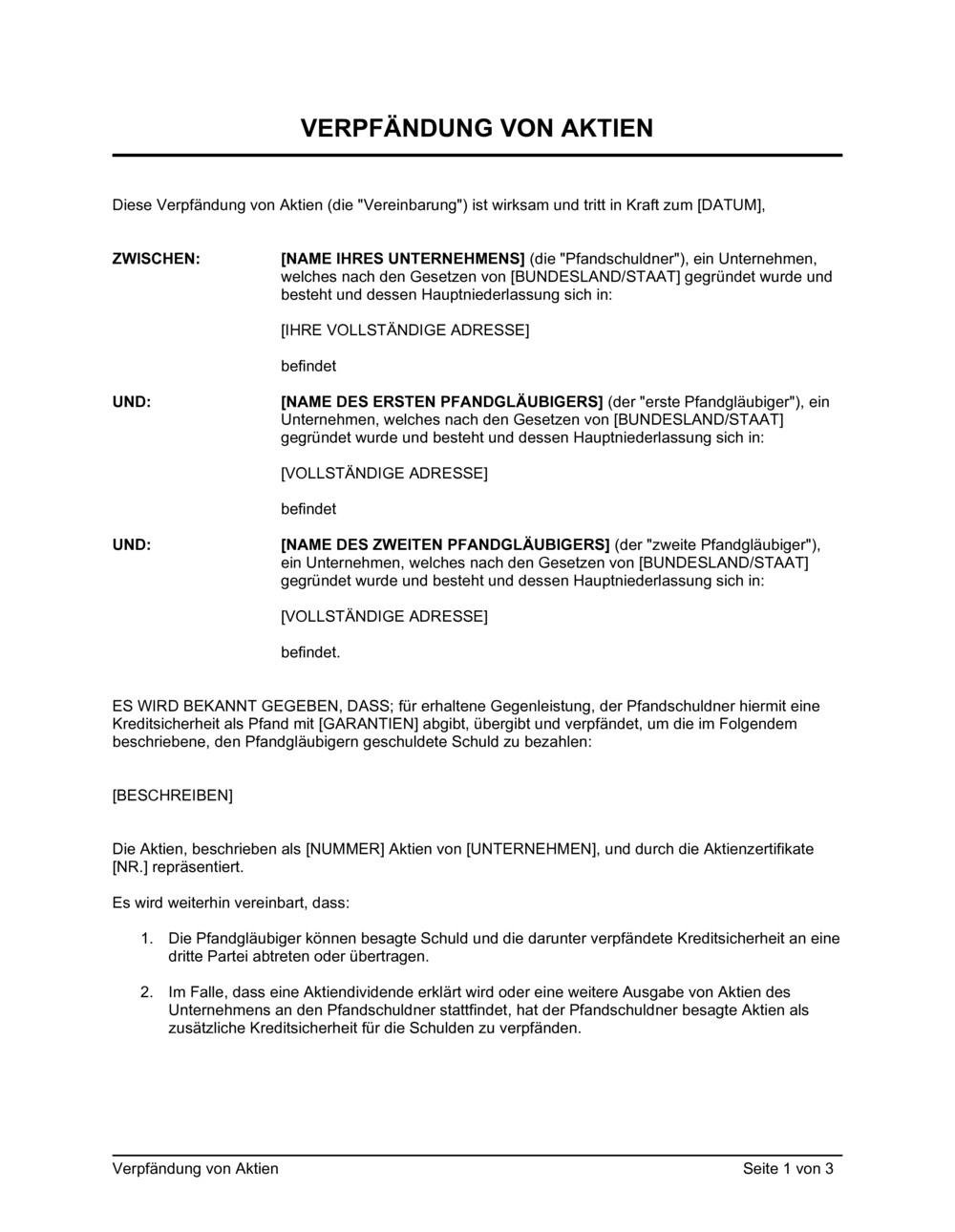 Business-in-a-Box's Verpfändung von Aktien