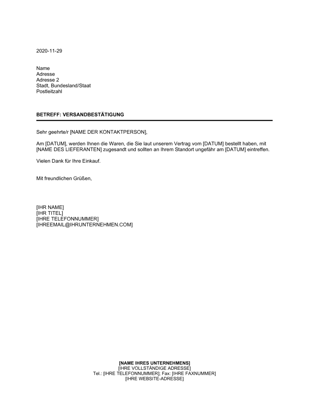 Business-in-a-Box's Versandbestätigung