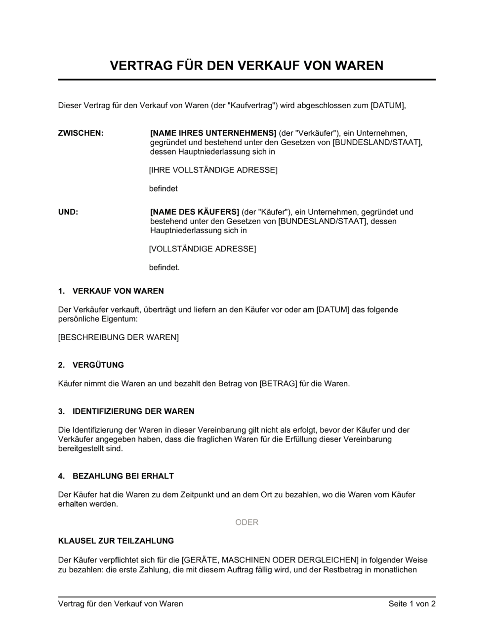 Business-in-a-Box's Vertrag für den Verkauf von Waren