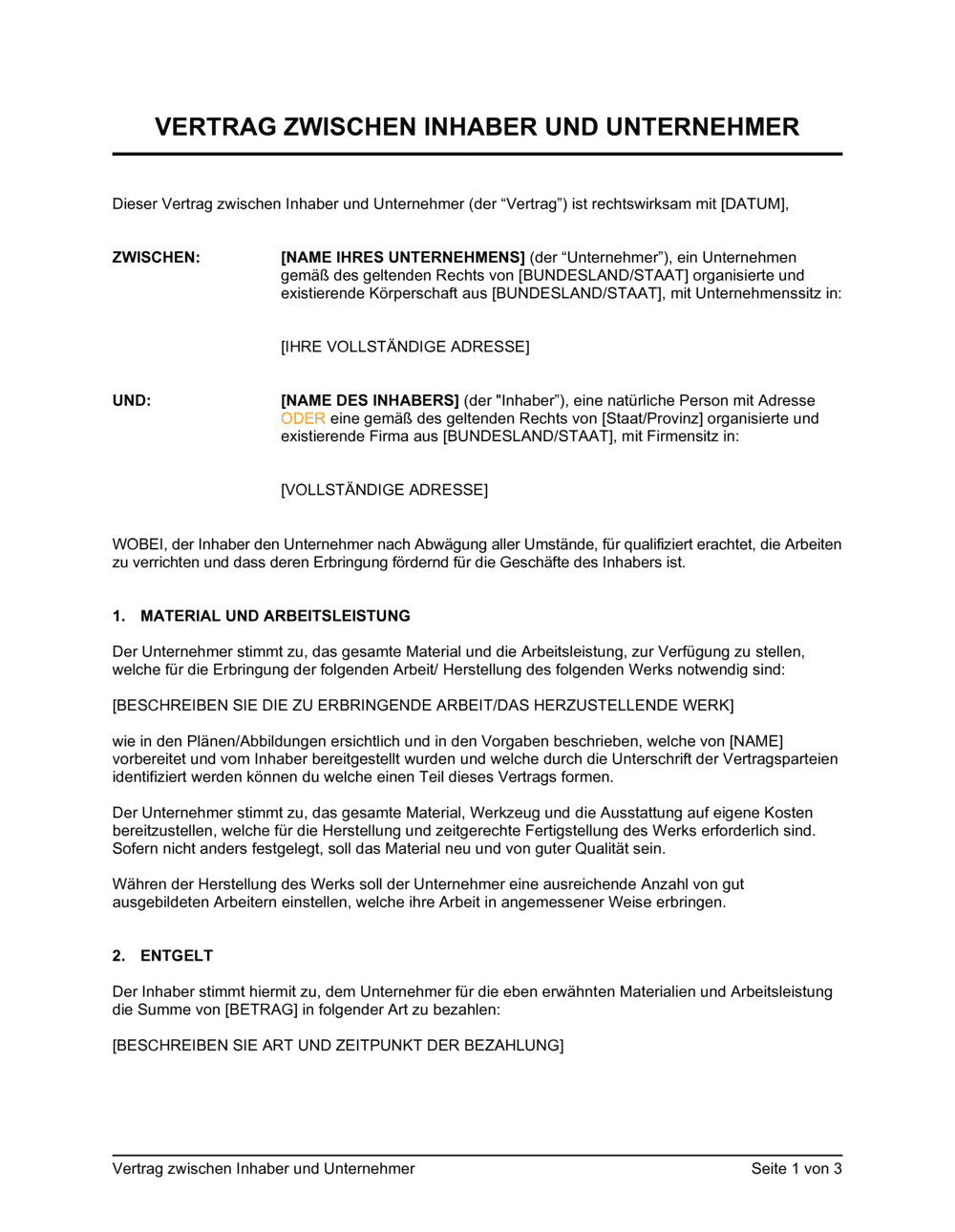 Business-in-a-Box's Vertrag zwischen Inhaber und Unternehmer