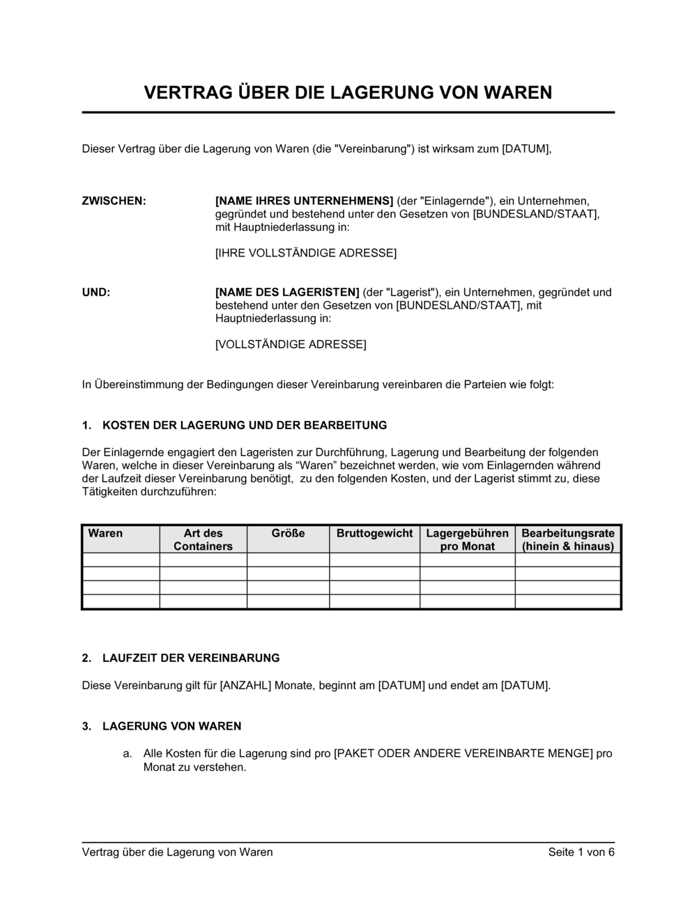 Business-in-a-Box's Vertrag über Lagerung von Waren