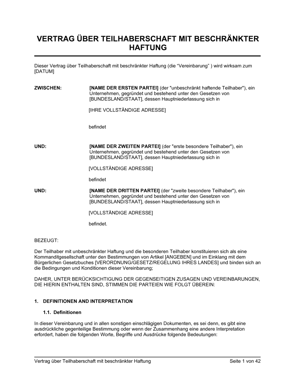 Business-in-a-Box's Vertrag über Teilhaberschaft mit beschränkter Haftung