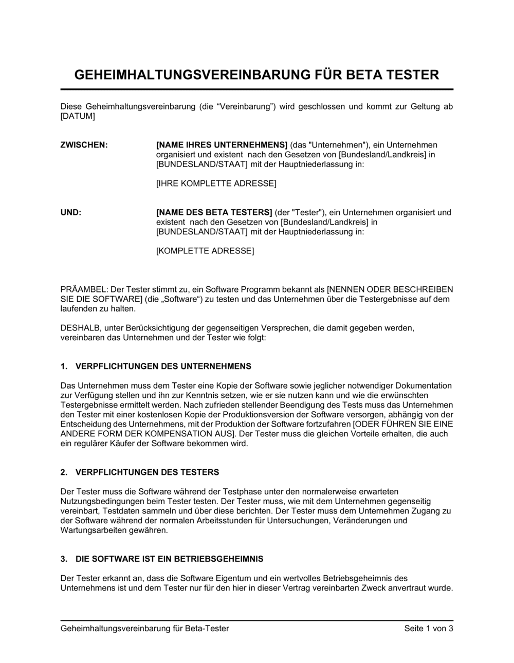 Business-in-a-Box's Vertraulichkeitserklärung für Beta Tester
